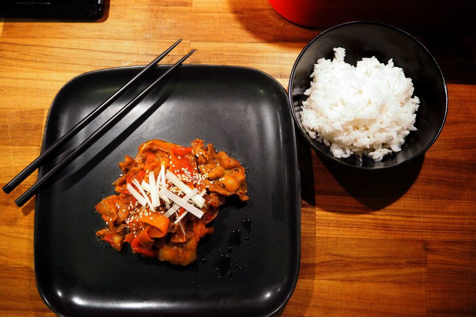 Jeyuk-bokkeum (제육 볶음), or Korean spicy stir-fried pork