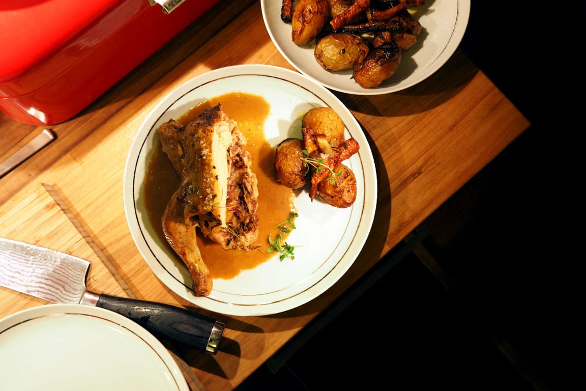 Roasted chicken with Madeira sauce and vegetables