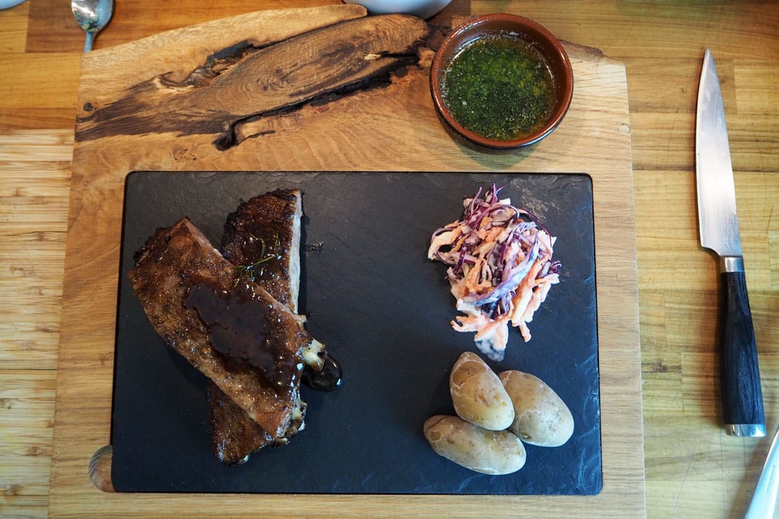 mustard ribs, potatoes, and coleslaw