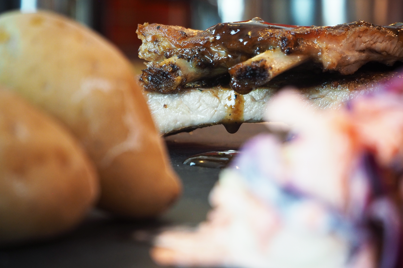 South Carolina style mustard ribs with potatoes and caleslaw