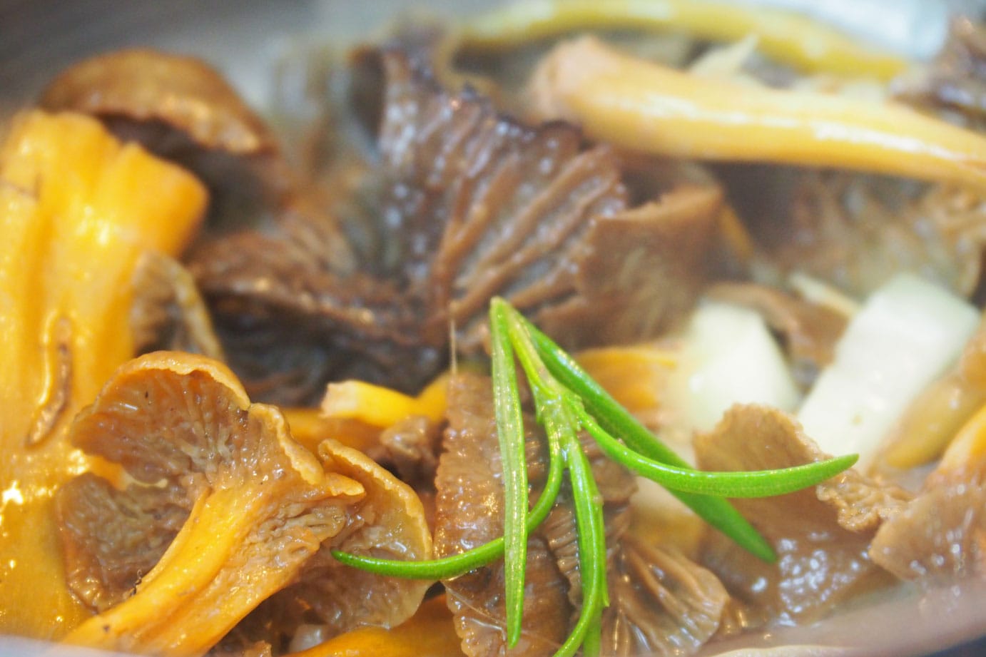 fried chanterelle mushrooms, parsnip, and rosmary