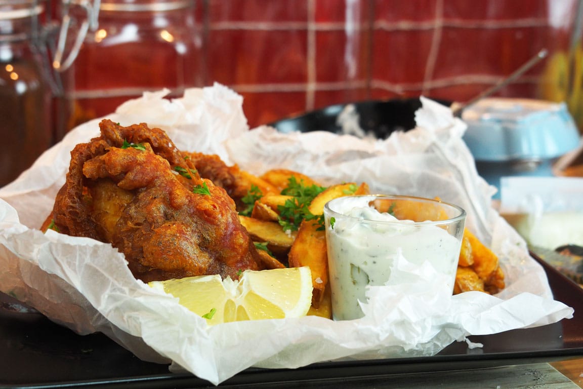 Homemade fish and chips serving