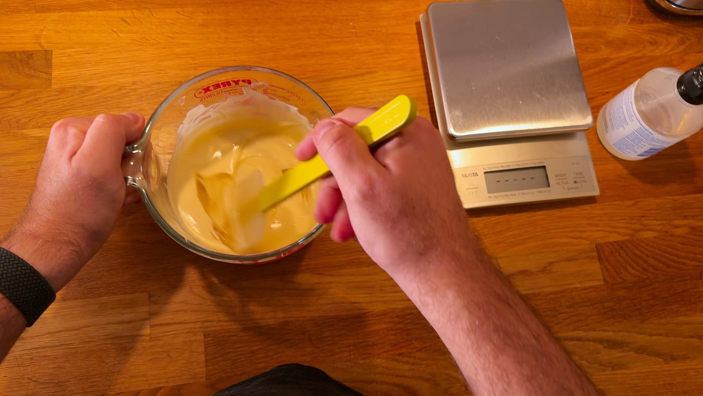 The glucose syrup folded into the melted white chocolate